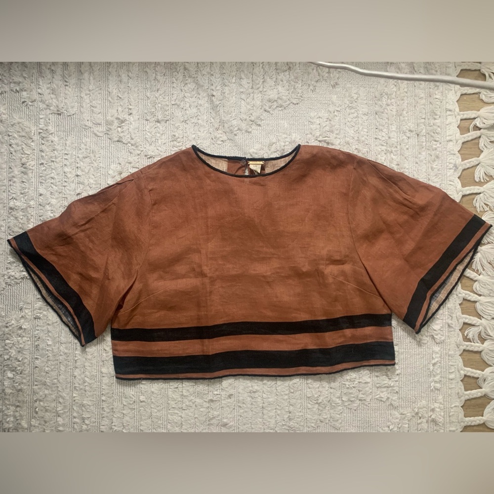 Magaschoni Brown and Black Cropped Top 100% Linen